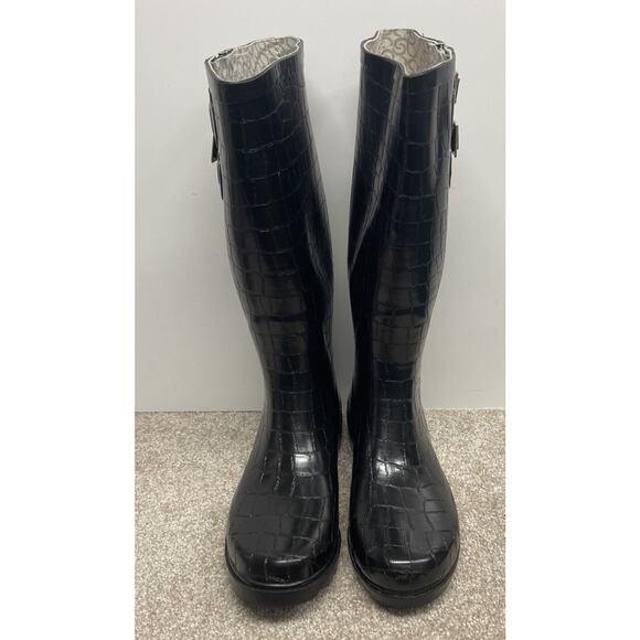 Chooka Signature Crocodilia Black Print Women Rain Boots Sz 10 Buckle Mid Calf - Picture 2 of 13